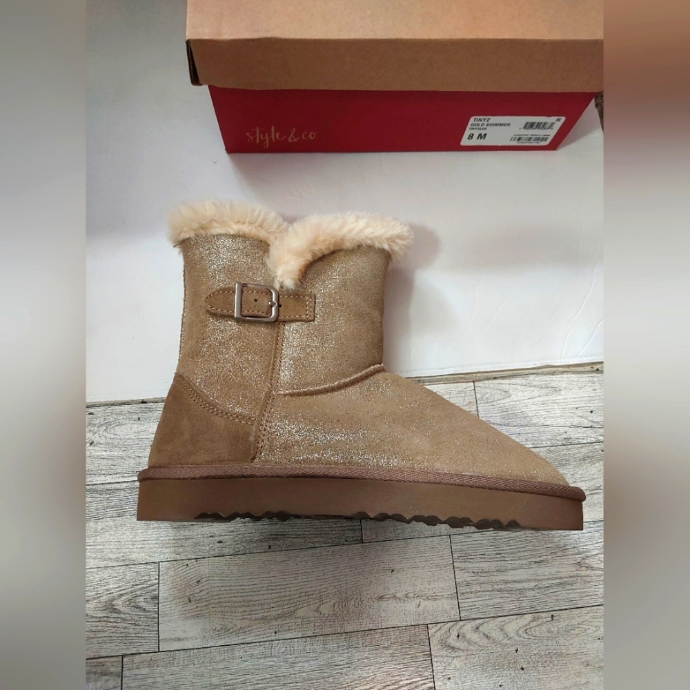 Style & Co Tiny2 Gold Shimmer Suede Faux Fur Trimmed Ankle Boots omen's US 6 M